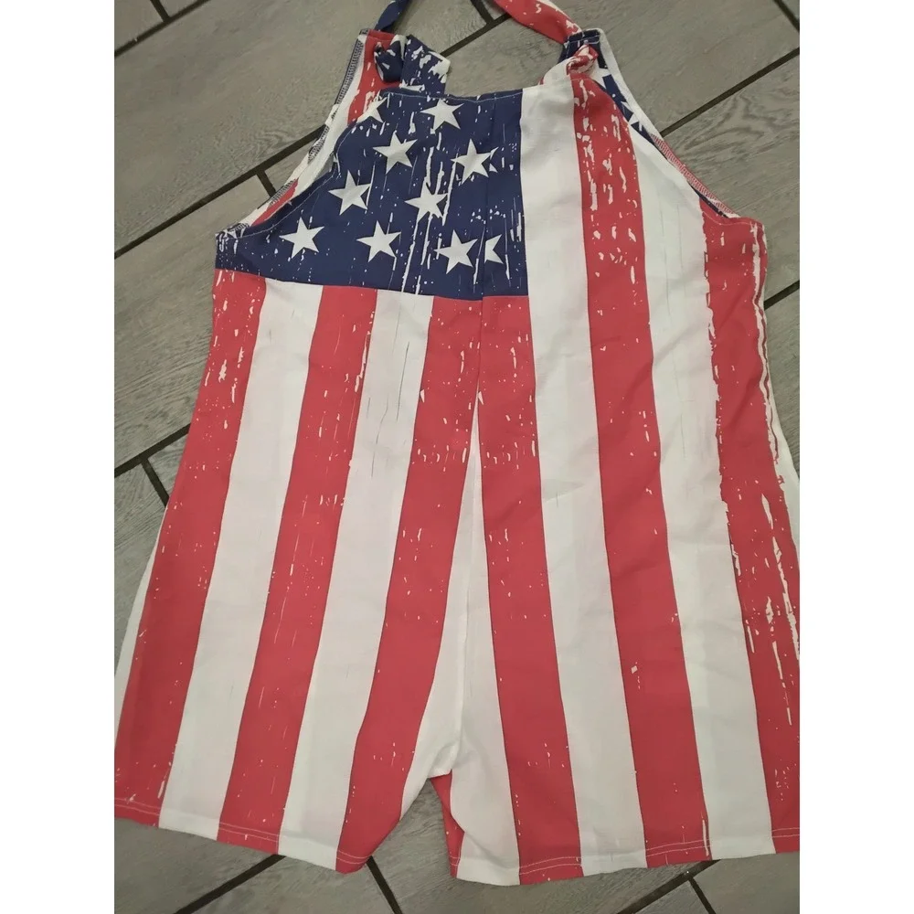 American Flag Romper Patriotic Stars and Stripes Halter Neck Jumpsuit-L